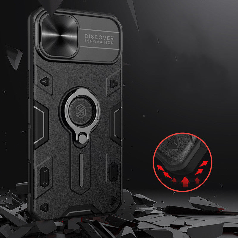 Mobile Phone Case Black Rhinoceros Protective Cover Sliding Cover Ring Bracket